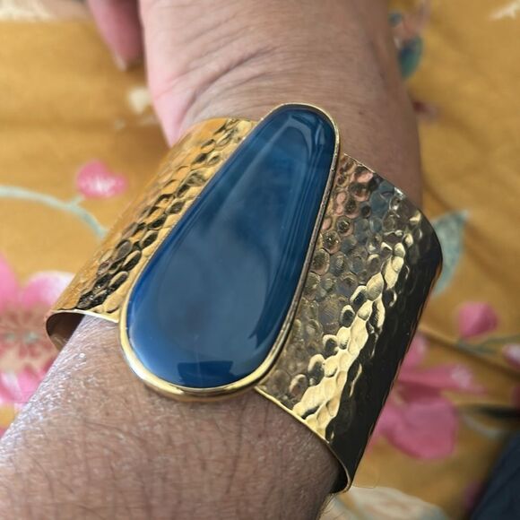 Gold Hammered Cuff Bracelet with Blue Stone - Picture 3 of 3
